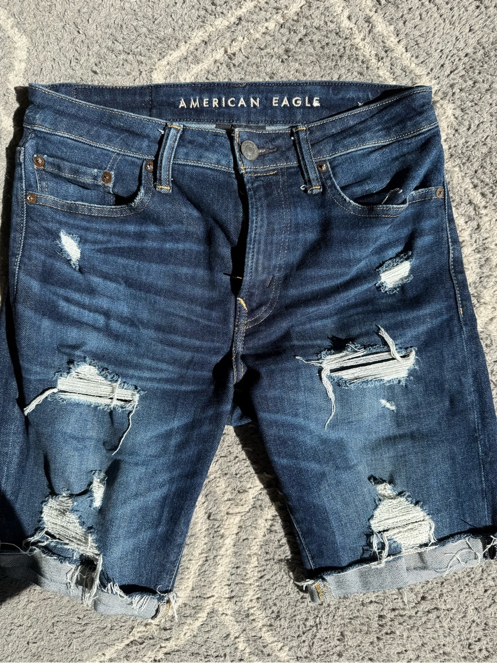 American Eagle Outfitters Men’s Dark Blue Distressed Denim Jean Shorts